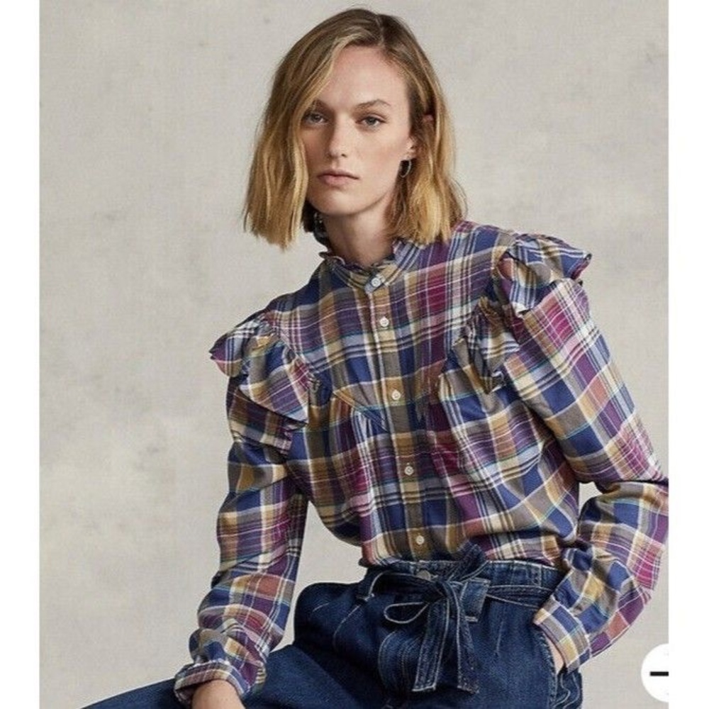 Polo Ralph Lauren Ruffle-Trim Plaid Shirt Blouse Preppy Cottagecore Americana 2